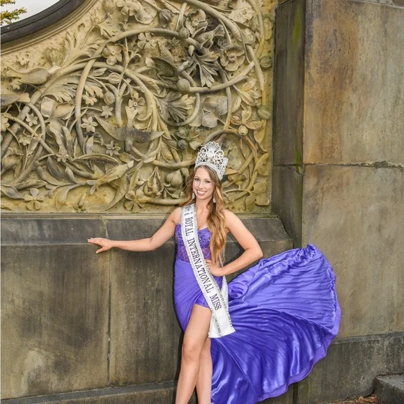 Pageant or Prom purple beaded jumpsuit with cape